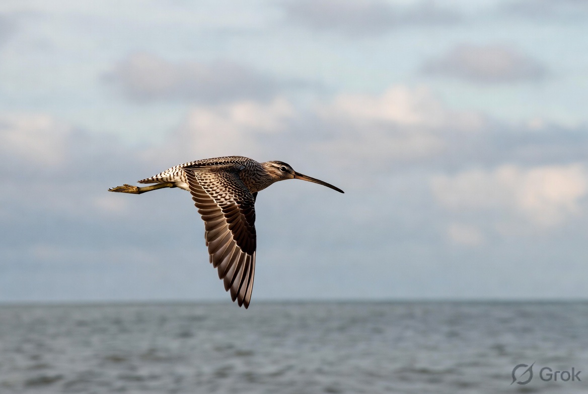 Bar-tailed Godwit flying over the ocean during its long-distance migration journey