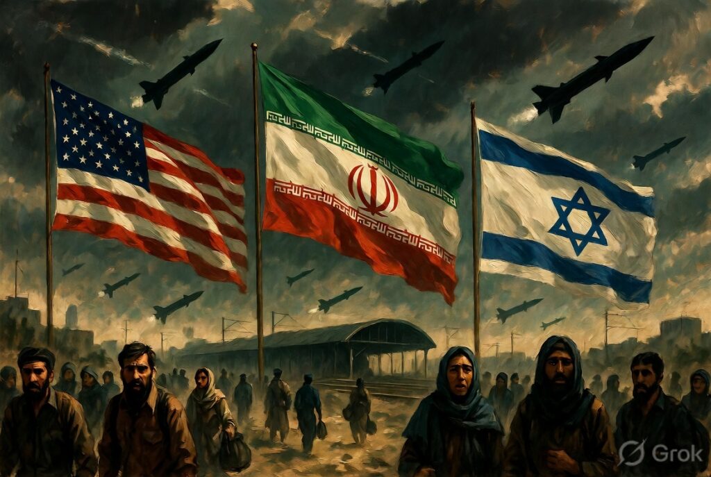 USA Iran Israel flags with rising geopolitical tension and conflict warning