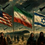 USA Iran Israel flags with rising geopolitical tension and conflict warning