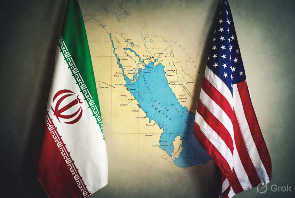Iran and United States flags facing each other with Strait of Hormuz in the background symbolizing geopolitical tension