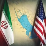 Iran and United States flags facing each other with Strait of Hormuz in the background symbolizing geopolitical tension
