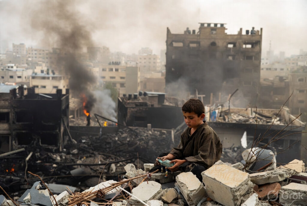 युद्ध के बाद खंडहर बने शहर में मलबे के बीच बैठा एक बच्चा, आसपास तबाही का दृश्य