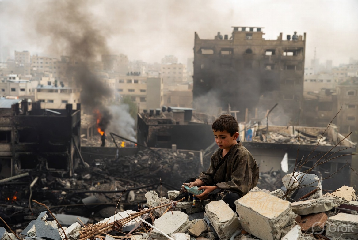 युद्ध के बाद खंडहर बने शहर में मलबे के बीच बैठा एक बच्चा, आसपास तबाही का दृश्य