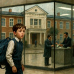 A school building depicted as a corporate office highlighting commercialization of education in India