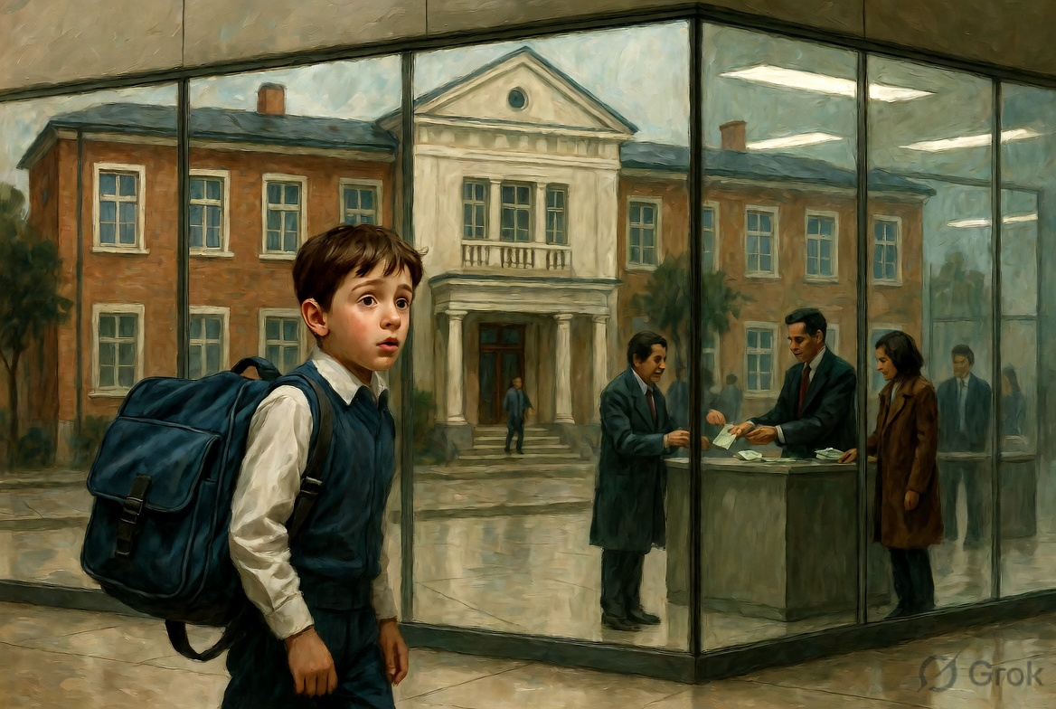 A school building depicted as a corporate office highlighting commercialization of education in India